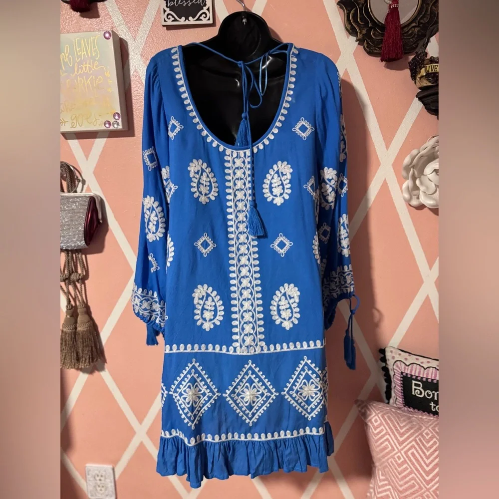 Elan Blue Dress with White Embroidery - Picture 6 of 8